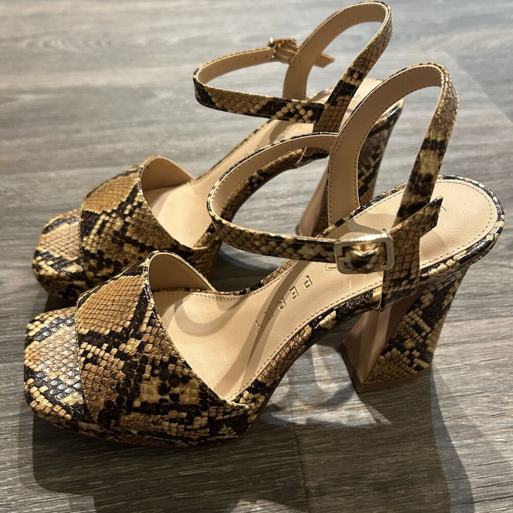 Katy Perry Size 7 37 Square Platform Sandals Snake Print Brown Tan Chunky Heels - Picture 9 of 16